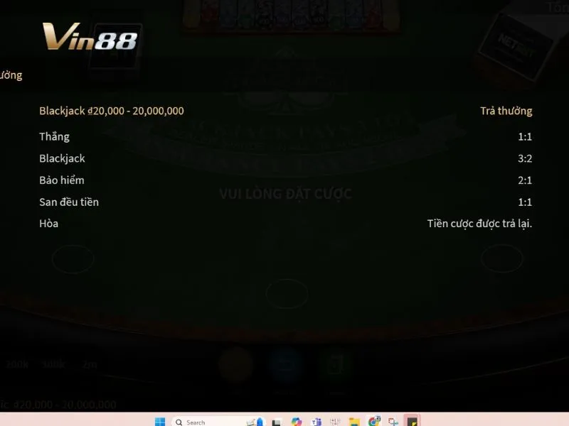 Bảng trả thưởng game Net Ent Blackjack
