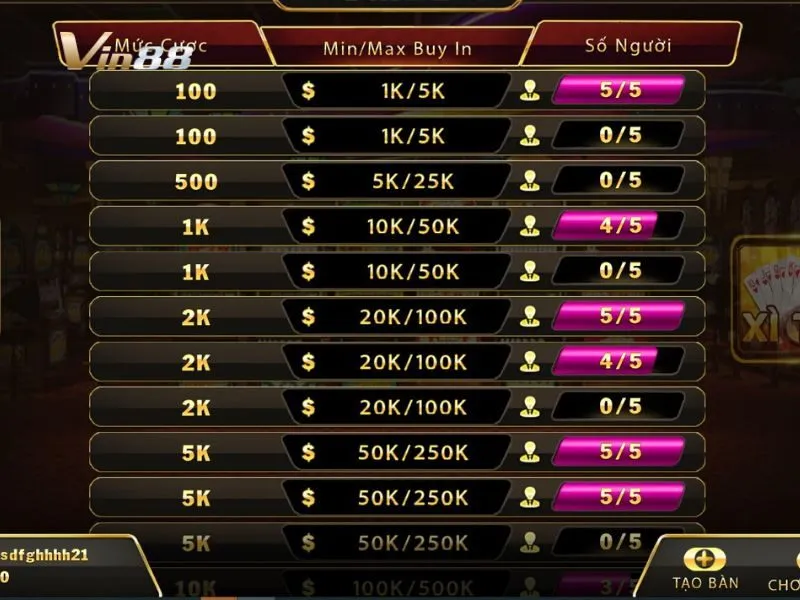 Đa dạng bàn chơi xì tố tại nhà cái Vin88