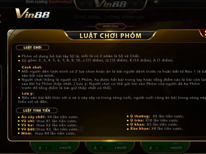 Luật chơi Phỏm Vin88 được nhà cái hướng dẫn chi tiết