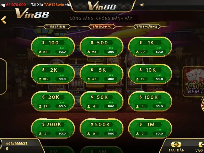 Nhiều bàn cược và mức cược ở tựa game Tiến lên đếm lá