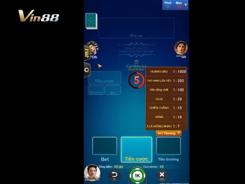 Tham gia chơi Carribbean Stud Poker Vin88 mọi lúc
