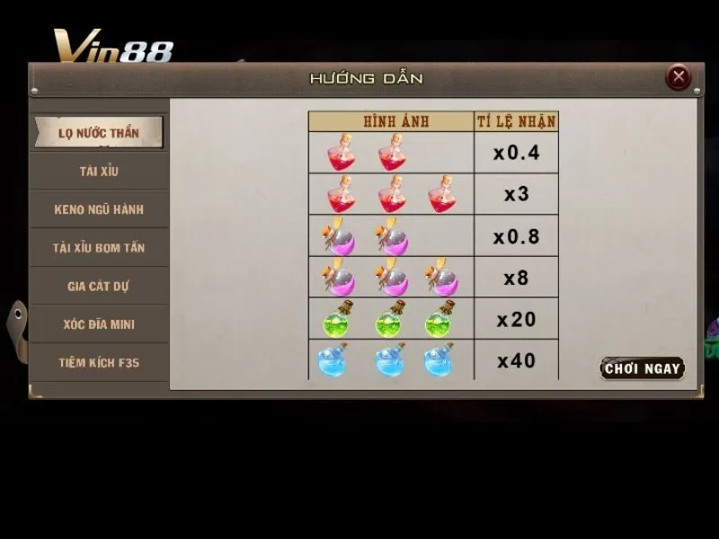 Bảng thưởng game Lọ nước thần quay mini