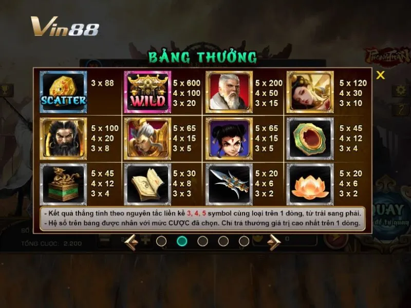Bảng thưởng game nổ hũ Phong Thần Vin88