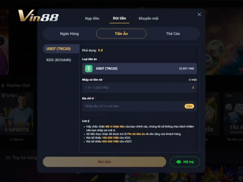 Form khi rút tiền qua tiền ảo tại Vin88
