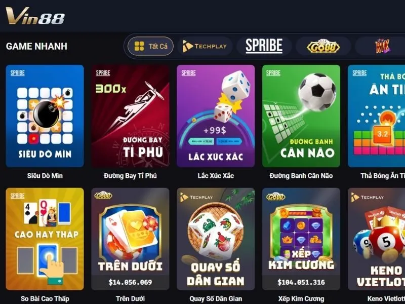 Game nhanh Vin88 bao gồm những trò chơi có kết quả tức thời