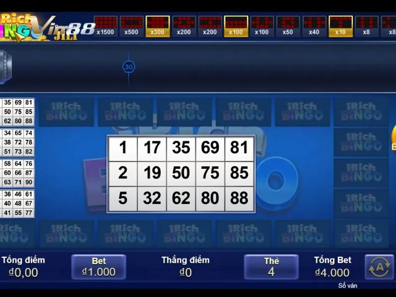 Giao diện bàn chơi iRich Bingo Vin88