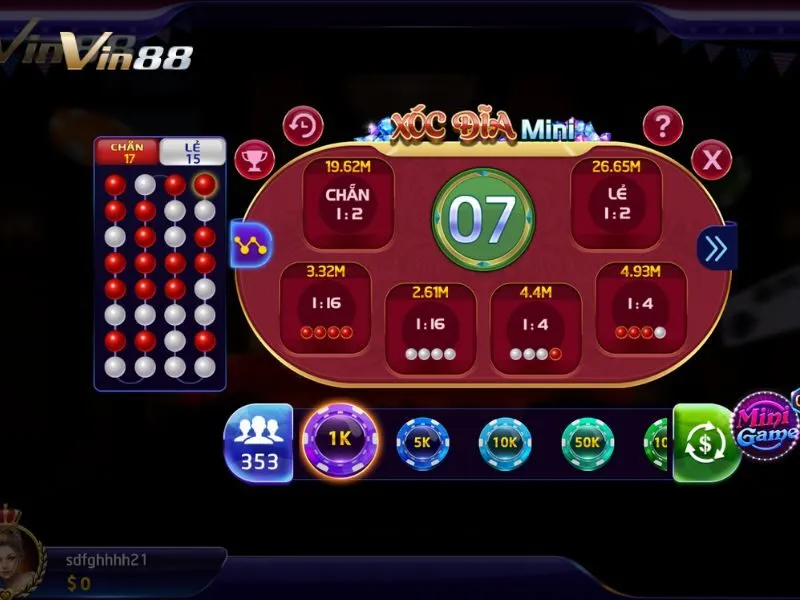 Giao diện game xóc đĩa mini trên Vin88