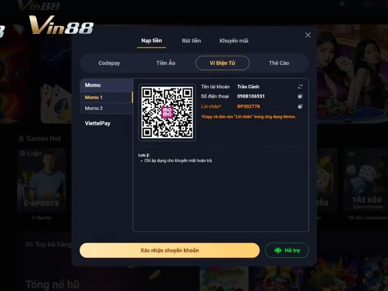 Giao diện nạp tiền tại Vin88