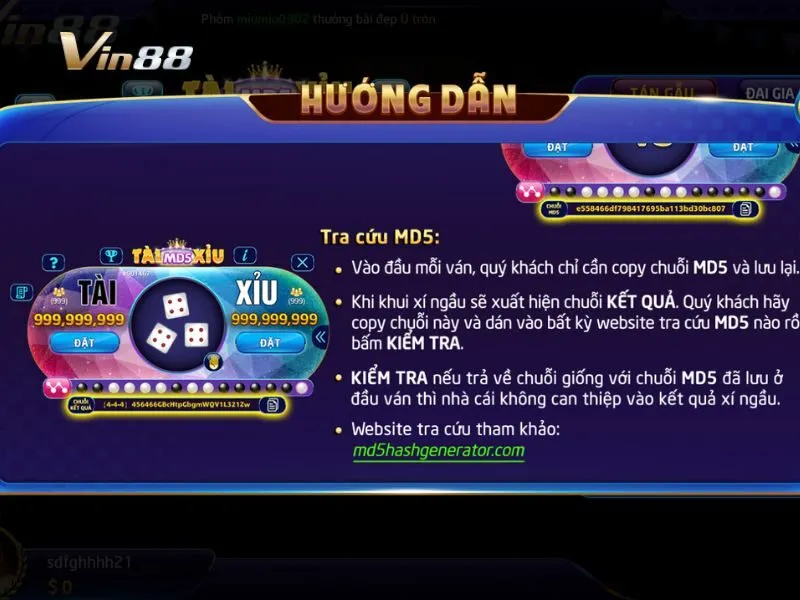 Tài xỉu MD5 sử dụng chuỗi kết quả phân lập MD5