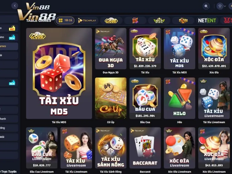 Tìm Tài xỉu sảnh Rồng trong danh sách Table Game tại Vin88